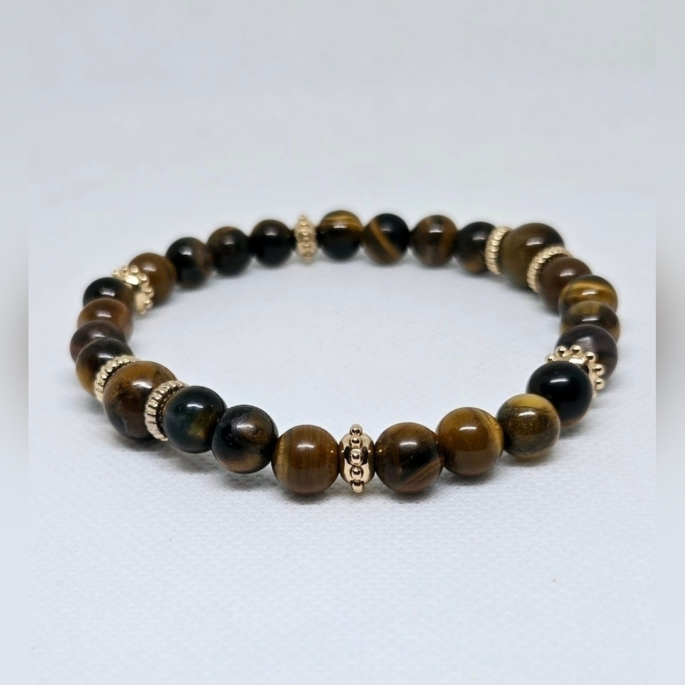 Genuine Tiger’s Eye Beaded Bracelet w/ Gold-Tone Spacers – Unisex 8mm